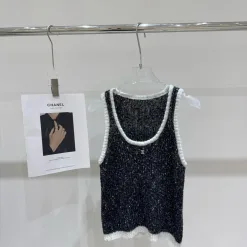 Luxus Chanel Weste Schwarz Strick Strass Luxus