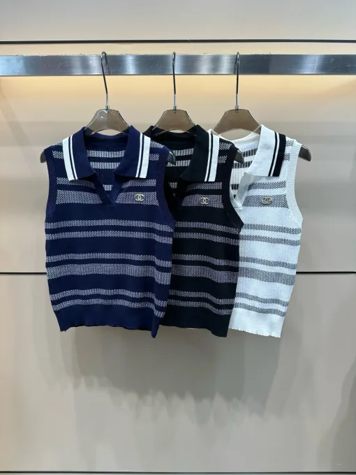 Luxus Chanel Weste Blau Strick Gestreift Kollektion