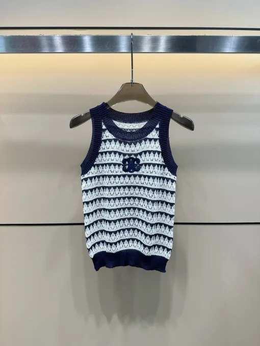 Hochwertige Celine Weste Blau Strick Bestickt Luxus