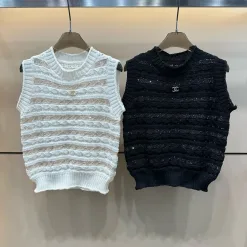 Luxus Chanel Weste Weiß Strick Gestreift Luxus