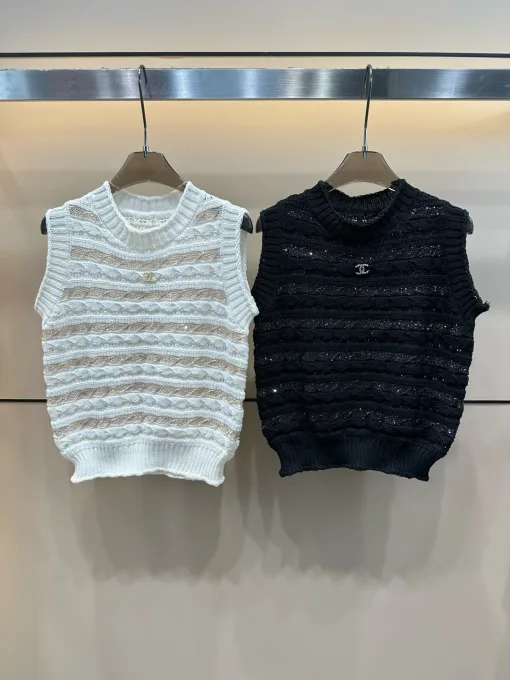 Luxus Chanel Weste Weiß Strick Gestreift Luxus
