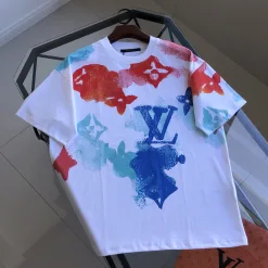Premium Louis Vuitton Kurzarm Regenbogen Baumwolle Logo Luxus