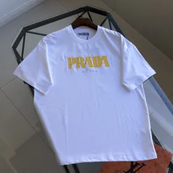 Hochwertige Prada Kurzarm Schwarz Baumwolle Logo Luxus