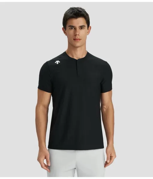 Premium Qualität Descente Kurzarmhemden Schwarze Seide Casual Luxury