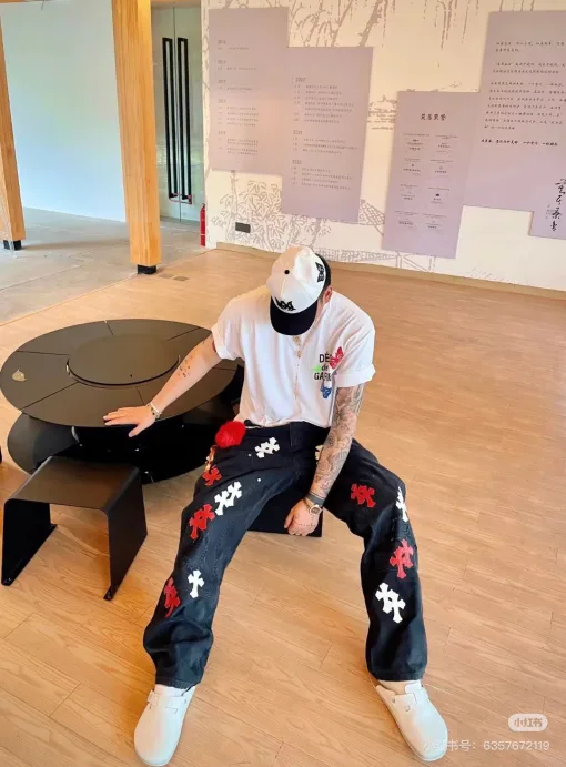 Premium Chrome Hearts Jeans Schwarzes Leder Gewaschen Luxus