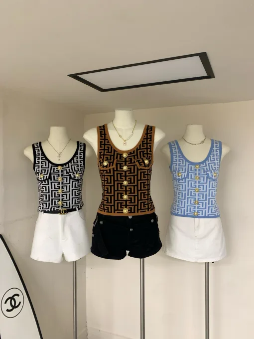 Luxus Balmain Weste Gold Strick Jacquard Luxus