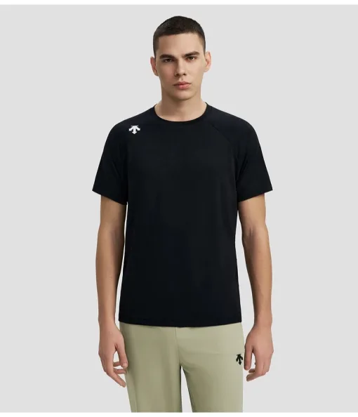 Premium Descente Kurzarmhemden Schwarz Strick Logo Luxus