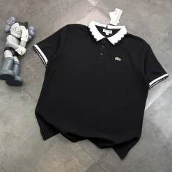 Lacoste Kurzarm-T-Shirts in Premiumqualität, schwarze Baumwolle, bestickt, luxuriös