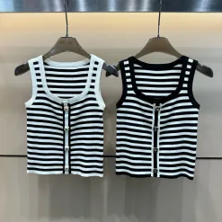 Hochwertige Chanel Weste Weiß Strick Gestreift Kollektion