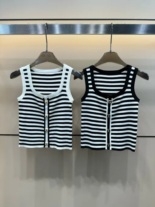 Hochwertige Chanel Weste Weiß Strick Gestreift Kollektion