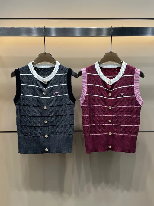 Luxus Chanel Weste Grau Strick Gestreift Stil