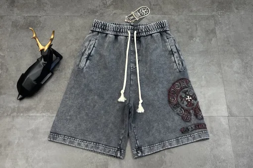 Meistverkaufte Chrome Hearts Shorts Grau Denim Patchwork Stil