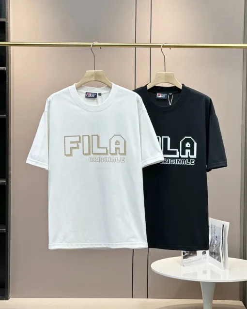Hochwertiger Fila Kurzarm Schwarzer Baumwolldruck Luxus