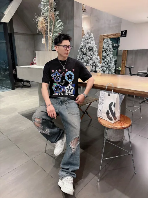 Premium Qualität Louis Vuitton Kurzarmhemd Schwarz Lederdruck Luxus