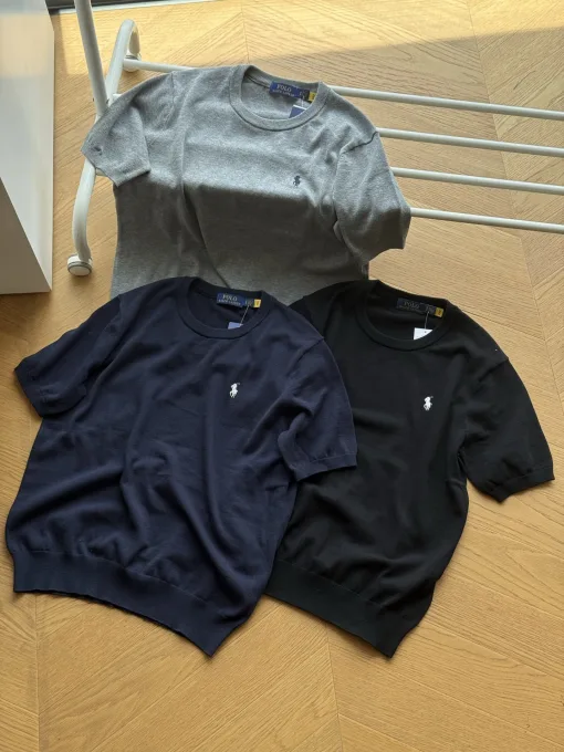 Premium Ralph Lauren Kurzarm-Kollektion aus schwarzer Baumwolle mit Stickerei