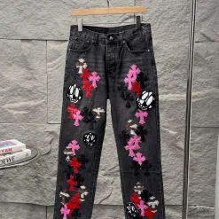Luxus Chrome Hearts Jeans Pink Leder Patchwork Kollektion