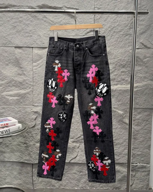 Luxus Chrome Hearts Jeans Pink Leder Patchwork Kollektion