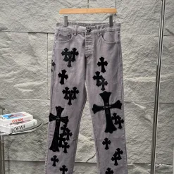 Hochwertige Chrome Hearts Jeans im gewaschenen Stil aus schwarzem Leder
