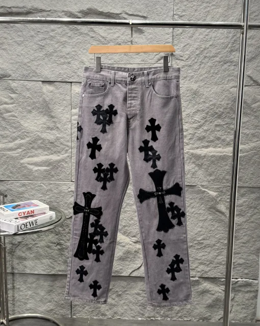 Hochwertige Chrome Hearts Jeans im gewaschenen Stil aus schwarzem Leder