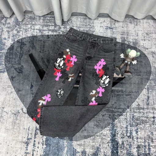 Luxus Chrome Hearts Jeans Schwarzes Leder Patchwork Kollektion