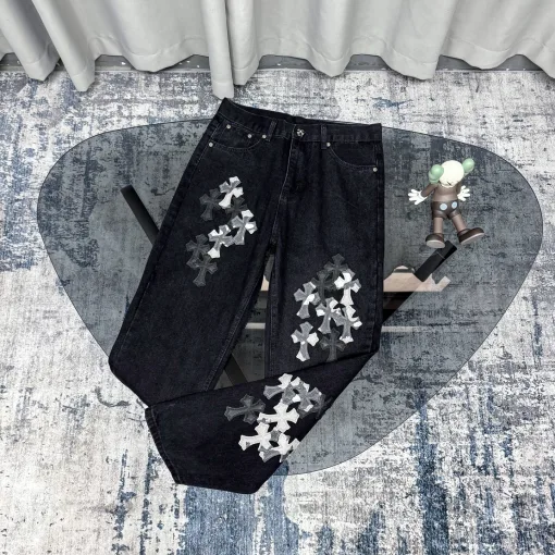 Premium Chrome Hearts Jeans Schwarzes Leder Gewaschen Luxus