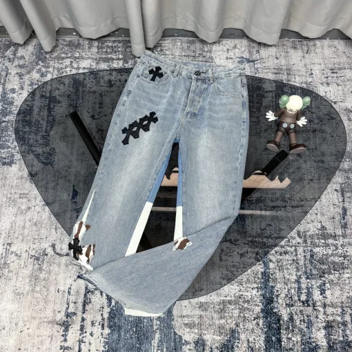 Meistverkaufte Chrome Hearts Jeans Blau Leder Distressed Style