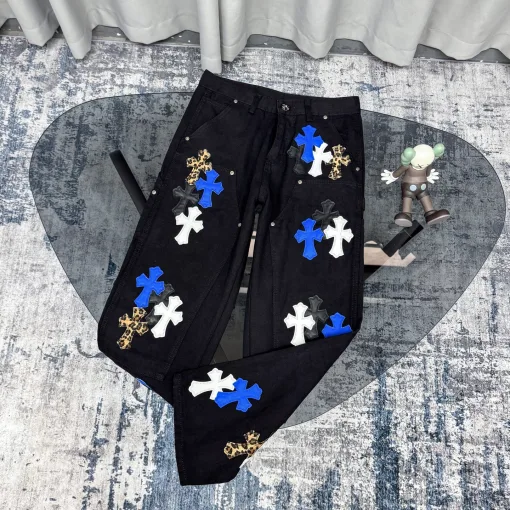Meistverkaufte Chrome Hearts Jeans Blau Leder Print Style
