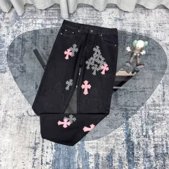 Hochwertige Chrome Hearts Jeans Pink Leder Vintage Kollektion