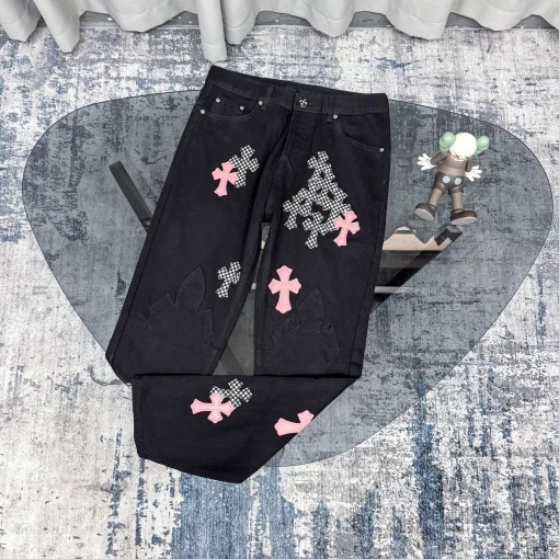 Hochwertige Chrome Hearts Jeans Pink Leder Vintage Kollektion