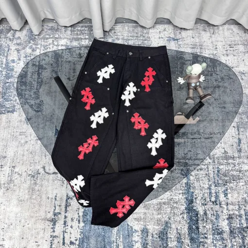 Hochwertige Chrome Hearts Jeans Schwarz Leder Vintage Luxus