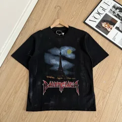 Hochwertiges Balenciaga Kurzarmhemd Schwarz Baumwolle Farbverlaufsstil