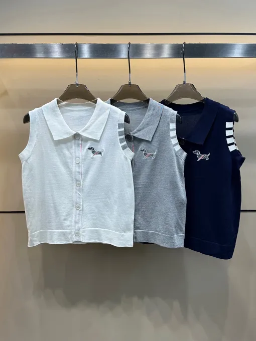 Premium Thom Browne Weste im weißen Strick-Stil mit Stickerei