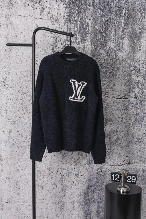 Hochwertiger Louis Vuitton Pullover Schwarz Strick Logo Luxus