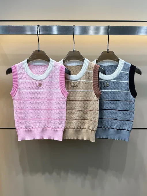Hochwertige Chanel Weste Pink Knit Striped Kollektion