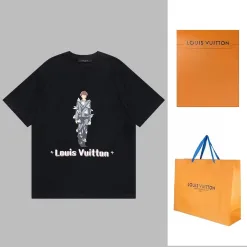 Hochwertige Louis Vuitton Kurzarm Schwarz Logo Luxus