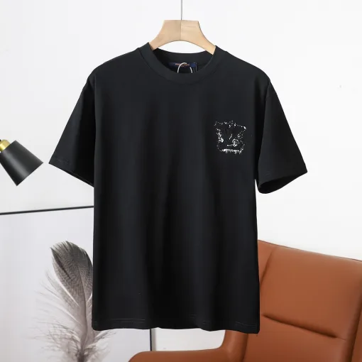 Luxus Louis Vuitton Kurzarm Schwarz Baumwolle Bestickt Luxus