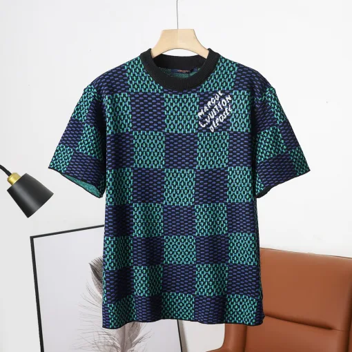 Hochwertiger Louis Vuitton Kurzarm Blaue Seide Minimalistischer Stil