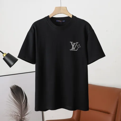Luxus Louis Vuitton Kurzarm Schwarz Baumwolle Strass Stil