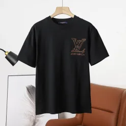 Premium Louis Vuitton Kurzarmhemd aus schwarzer Baumwolle mit Stickerei