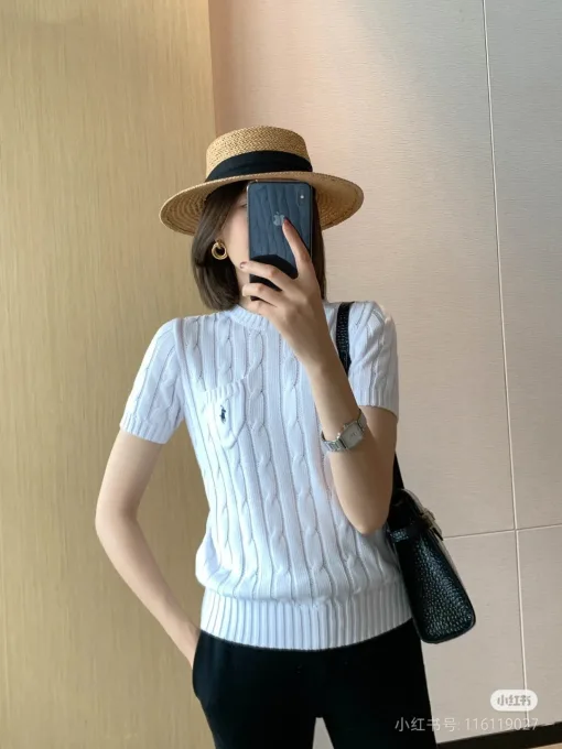 Bestseller Ralph Lauren Kurzarm Weiß Strick Solid Luxus