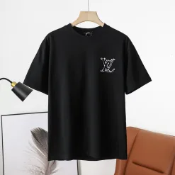 Hochwertige Louis Vuitton Kurzarm Schwarz Denim Logo Luxus