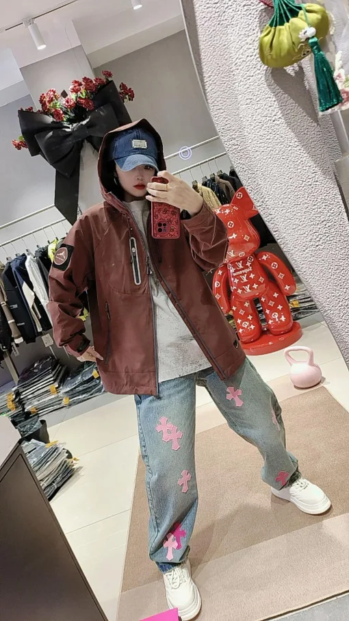 Luxus Chrome Hearts Jeans Blau Leder Patchwork Stil