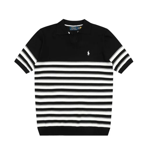 Premium Qualität Ralph Lauren Kurzarm Schwarz Seide Gestreifte Kollektion