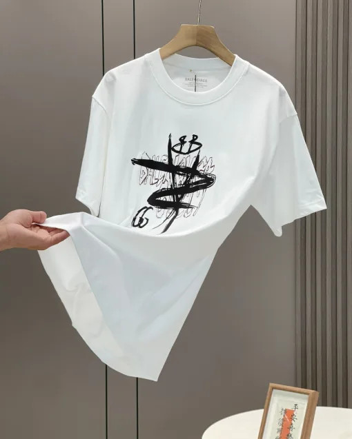 Meistverkaufte Balenciaga Kurzarm Schwarz Baumwolle Print Stil