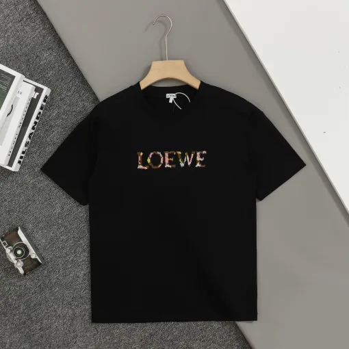 Luxus Loewe Kurzarm Schwarz Baumwolle Bestickt Stil